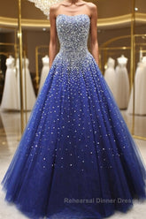 Gorgeous Strapless Blue Tulle Beaded Long Semi Formal Prom Dresses, Beaded Blue Formal Evening Dresses, Beaded Ball Gown